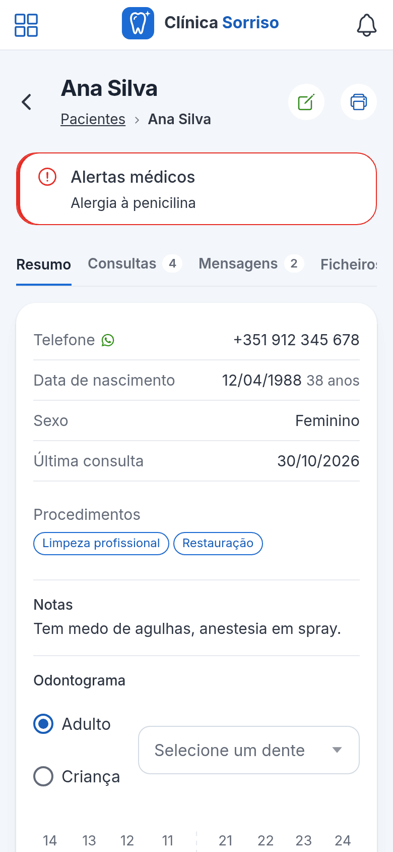 Ficha do paciente na aplicação do telemóvel: alertas médicos, telefone com WhatsApp, procedimentos e notas
