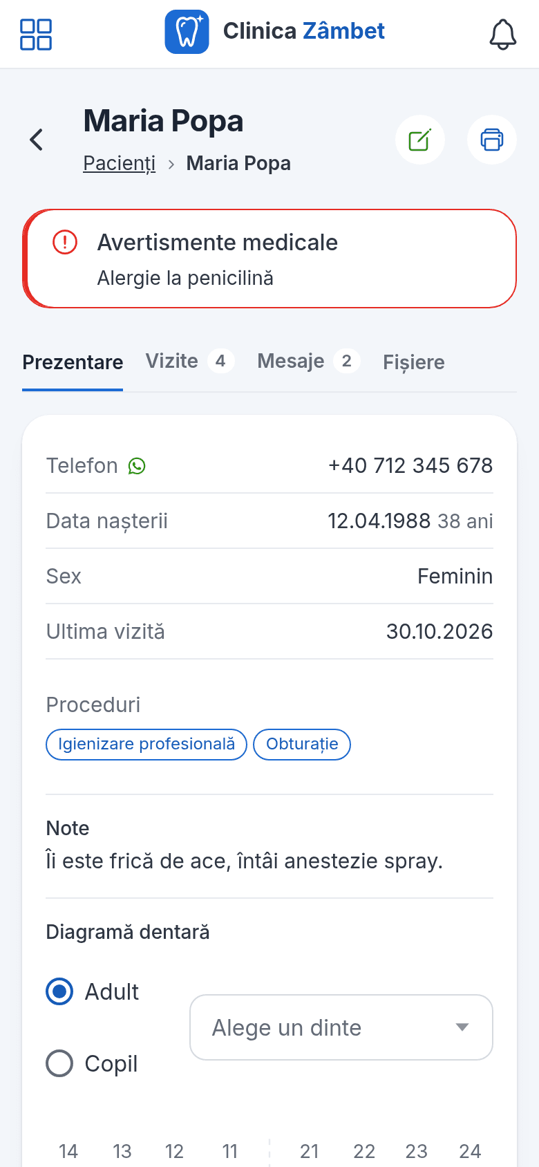 Fișa pacientului în aplicația de pe telefon: alerte medicale, telefon cu WhatsApp, proceduri și notițe