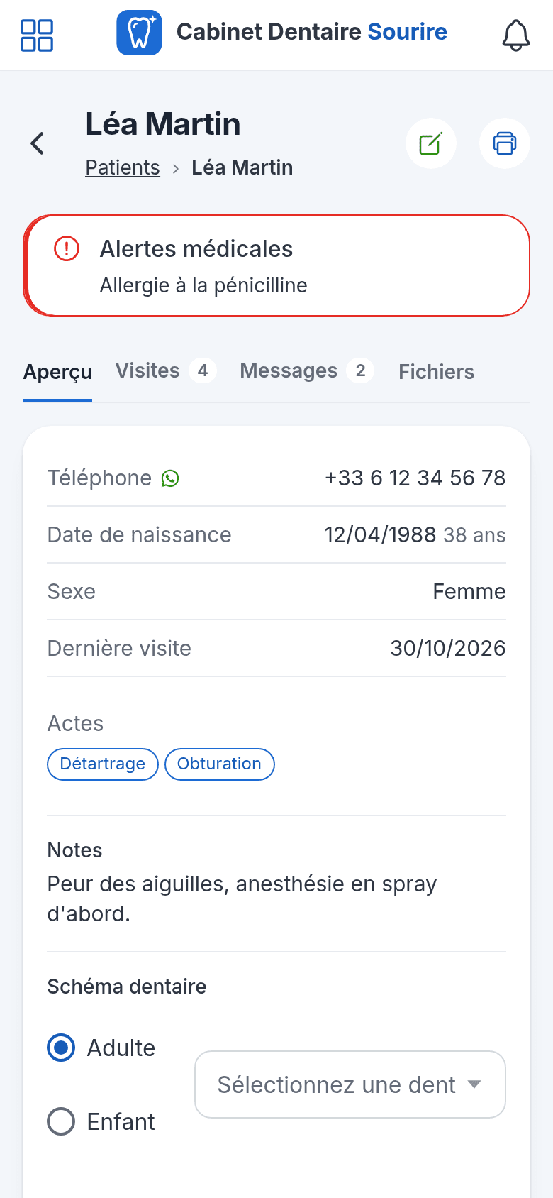 Fiche du patient dans l'application sur téléphone : alertes médicales, téléphone avec WhatsApp, actes et notes